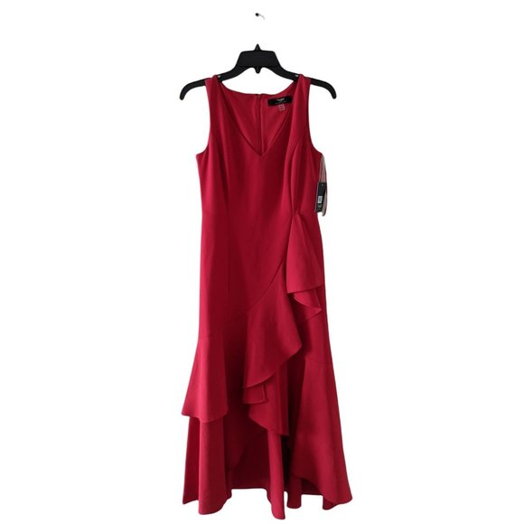 NWOT Taylor Black Label Crepe Tiered High/low Midi Dress 2 Red - Picture 3 of 12